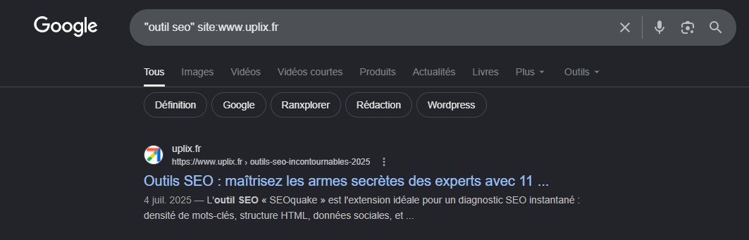 Recherche Google pour 'outil SEO' sur uplix.fr.