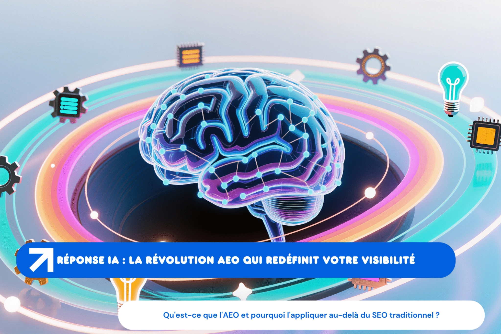 Cerveau numérique entouré d'icônes technologiques colorées.