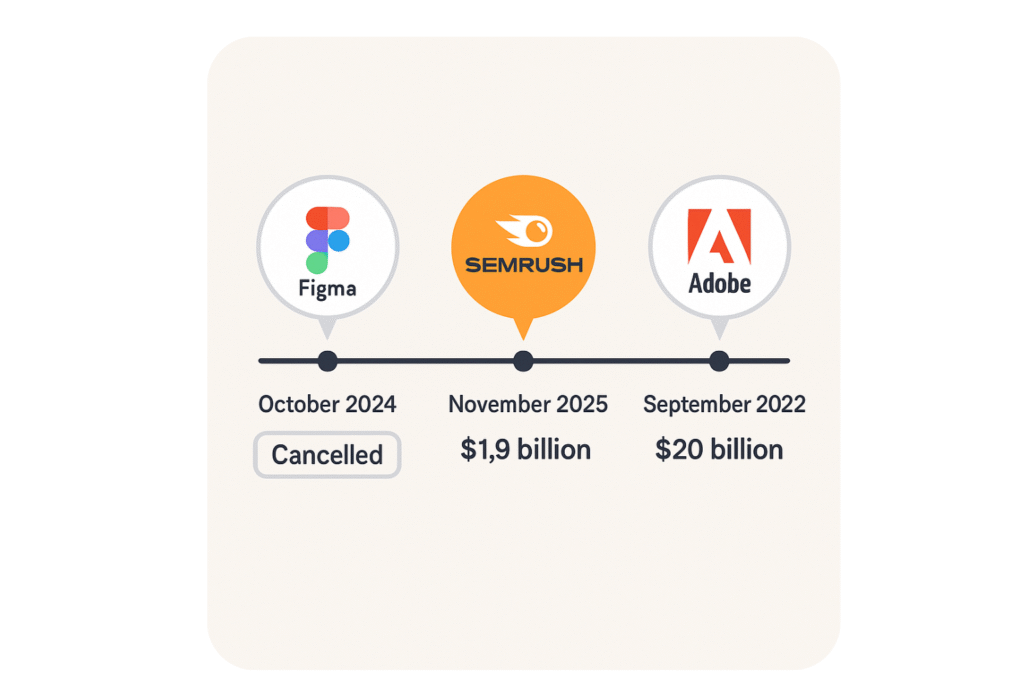 Chronologie acquisitions Figma, SEMrush, Adobe.