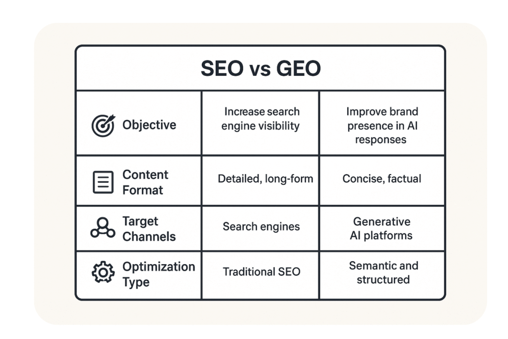 Comparaison SEO et GEO en tableau
