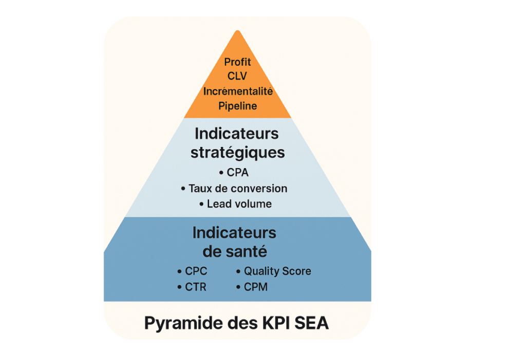 Pyramide des KPI SEA avec indicateurs clés.