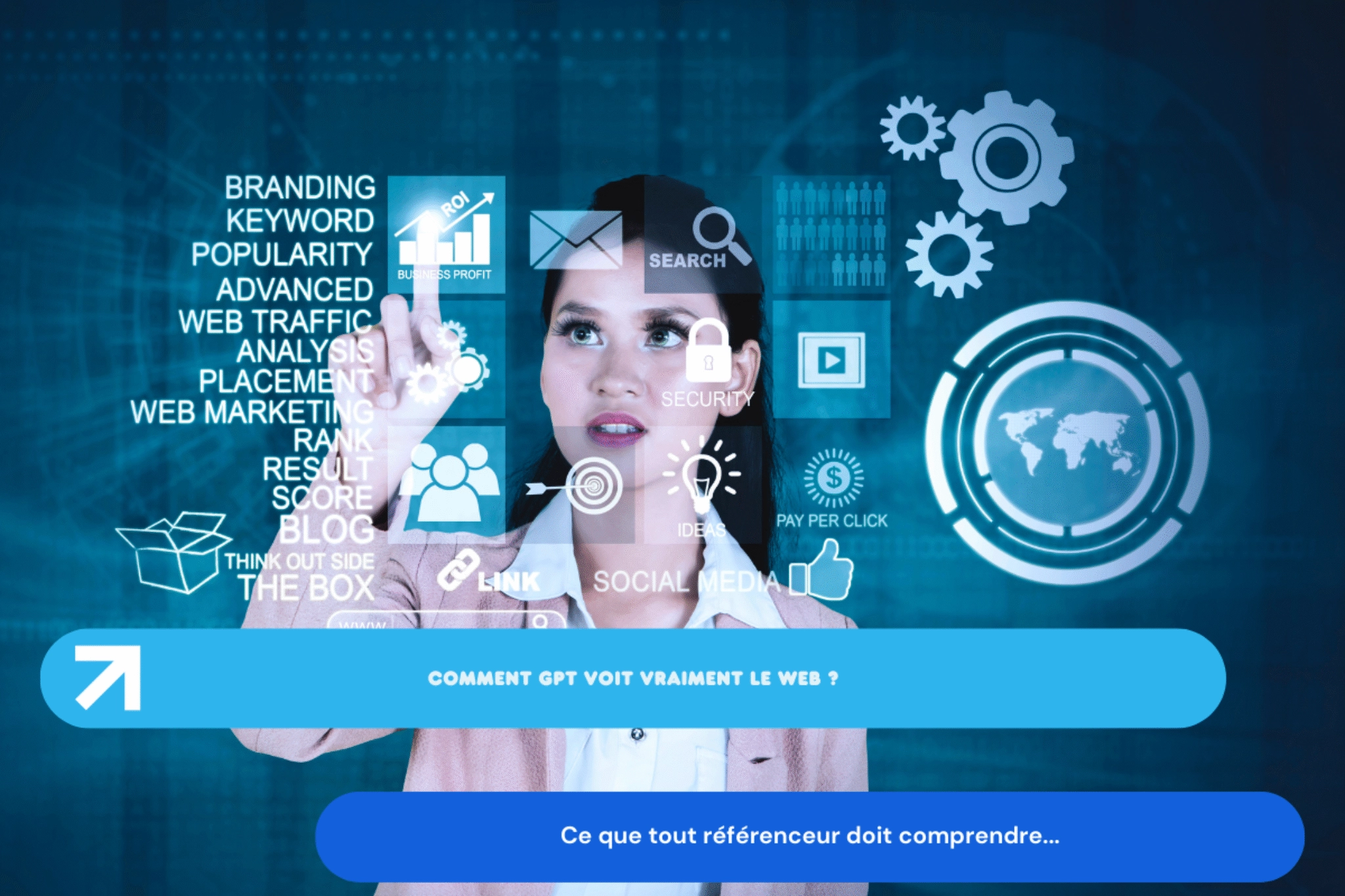 Femme interagissant avec écran digital d'analyse web.