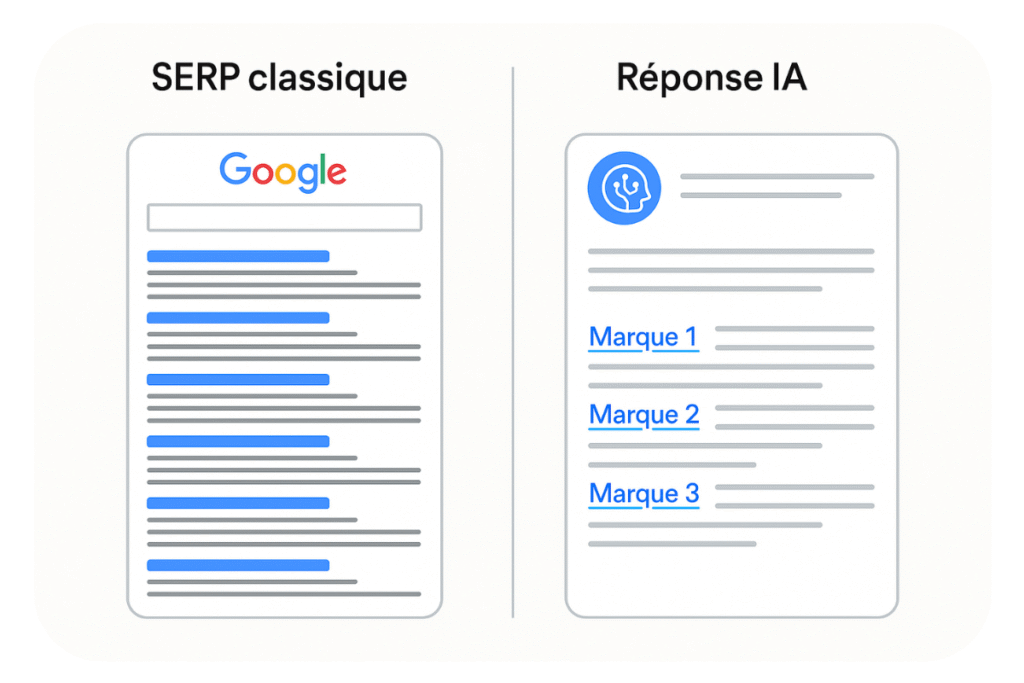 Comparaison SERP classique et réponse IA.