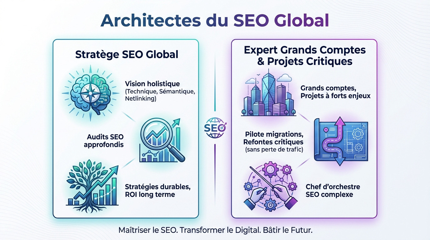 Consultant SEO analysant une architecture de site complexe sur plusieurs écrans