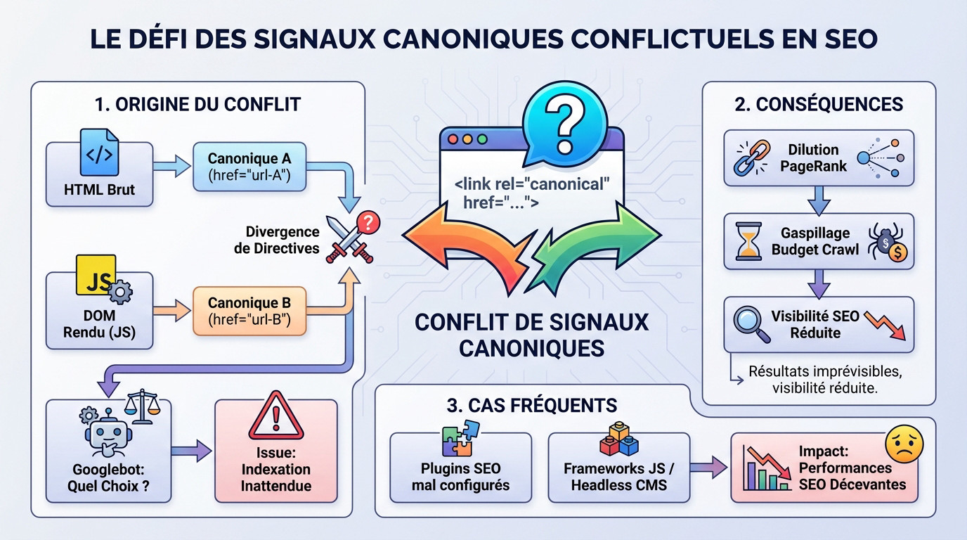 Illustration des conflits de signaux canoniques entre le HTML brut et le rendu JavaScript en SEO
