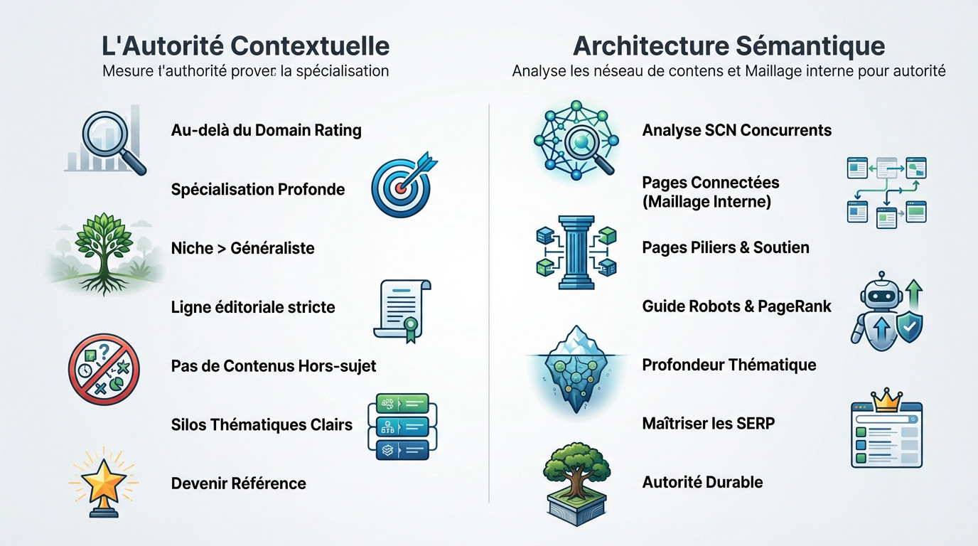 Schéma illustrant la construction de l'autorité SEO contextuelle et sémantique à travers le maillage interne