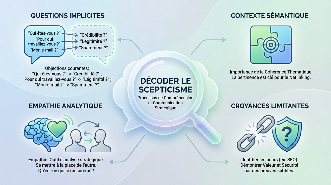 Schéma stratégique montrant comment analyser et répondre aux questions implicites lors d'une campagne de netlinking