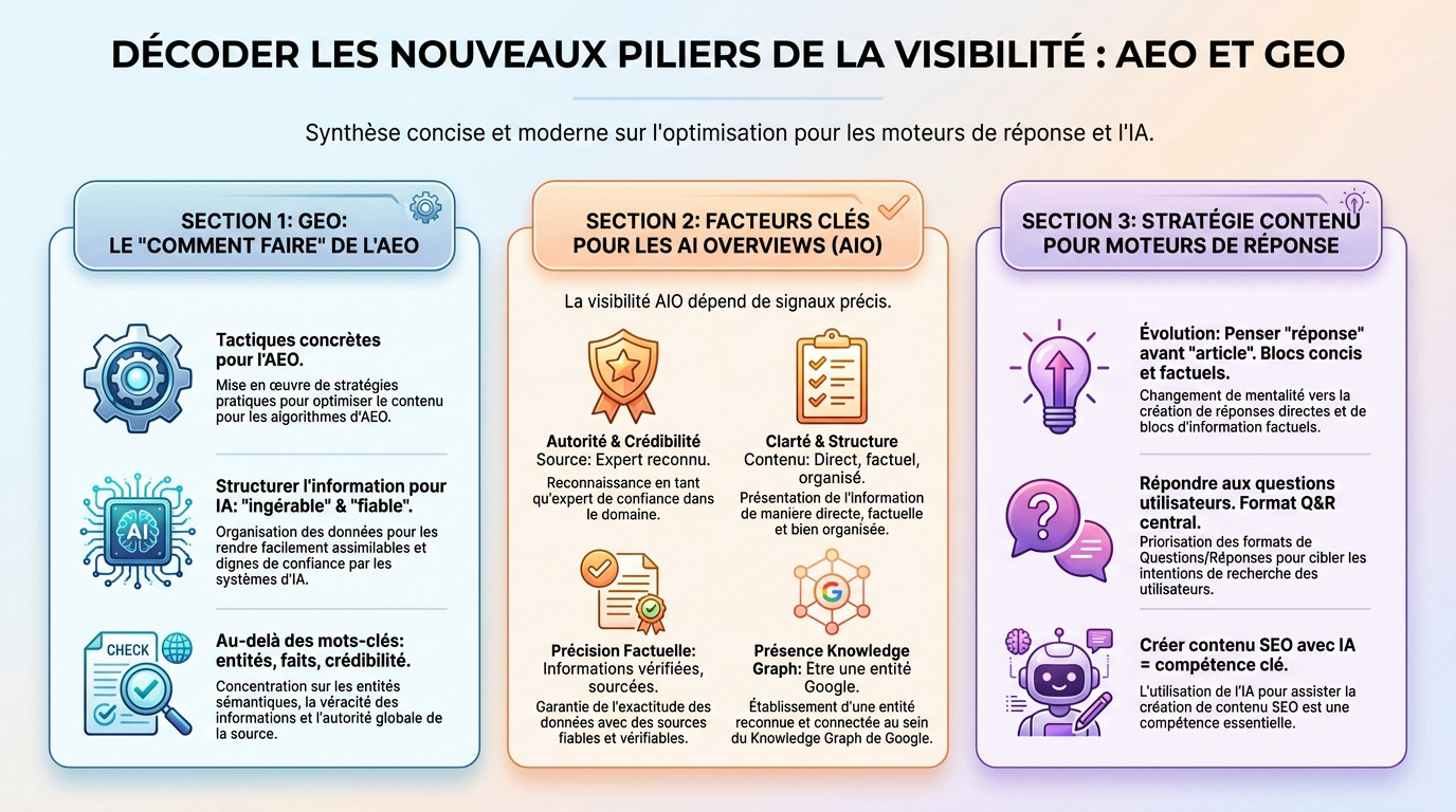 Schéma illustrant les piliers de la visibilité AEO et GEO pour l'optimisation IA