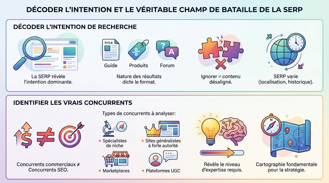 Analyse de la SERP pour identifier l'intention de recherche et les <strong>concurrents SEO</strong>