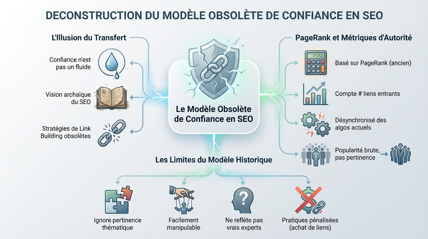 Schéma illustrant la déconstruction du modèle obsolète de confiance en SEO et l'importance de la distance thématique