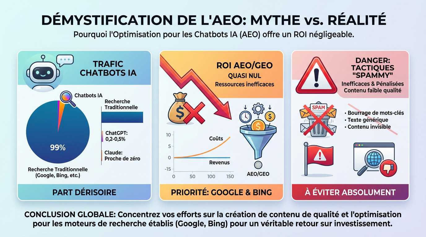 Graphique comparant le trafic de recherche Google face aux chatbots IA et illustrant le mythe de l'AEO