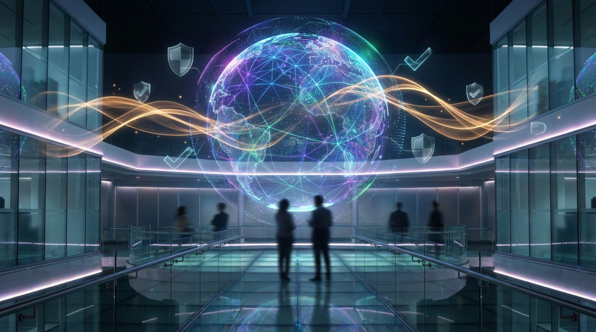 Bureau moderne avec globe numérique en perspective.