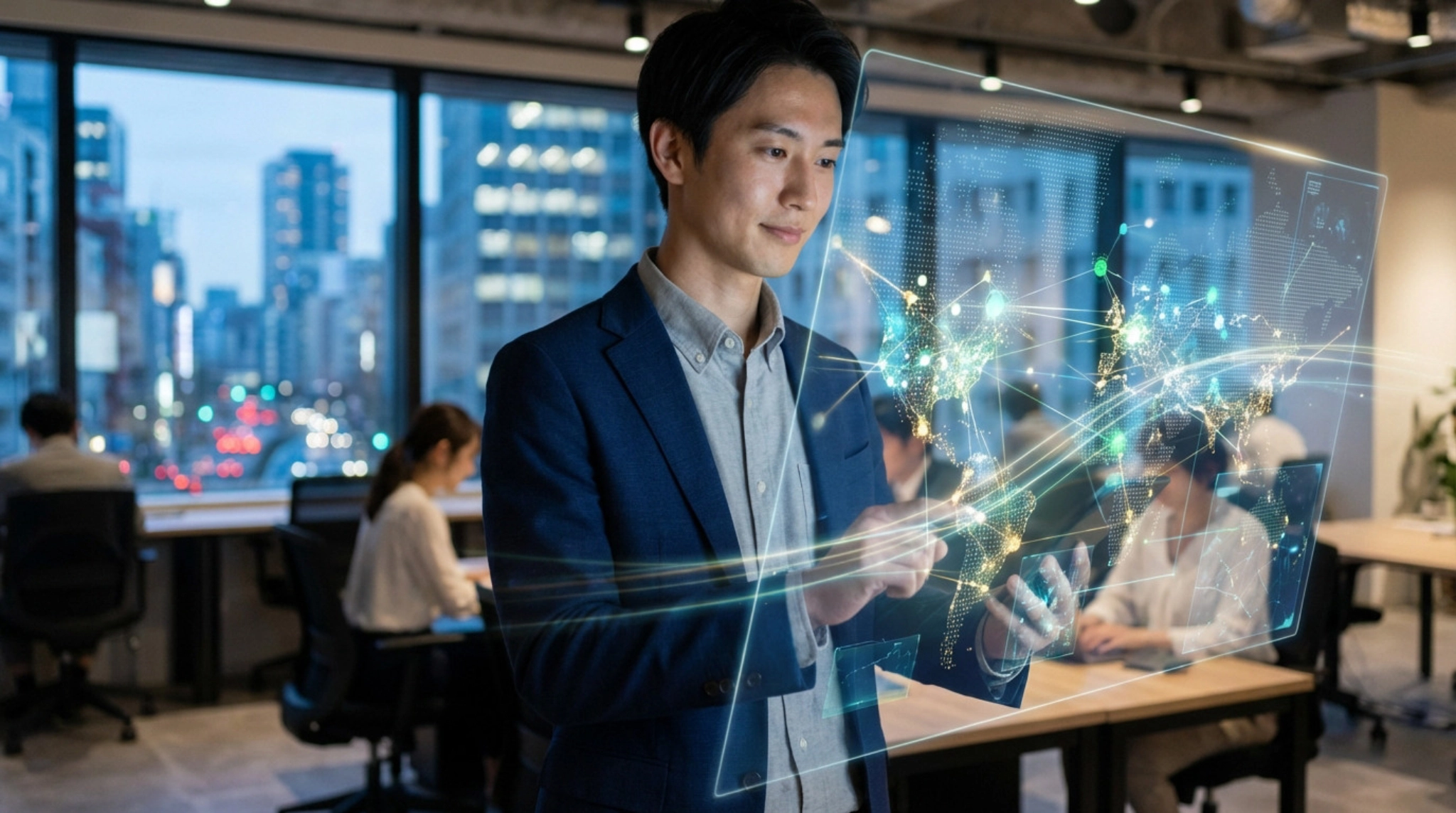 Homme interacte avec hologramme carte mondiale en bureau.