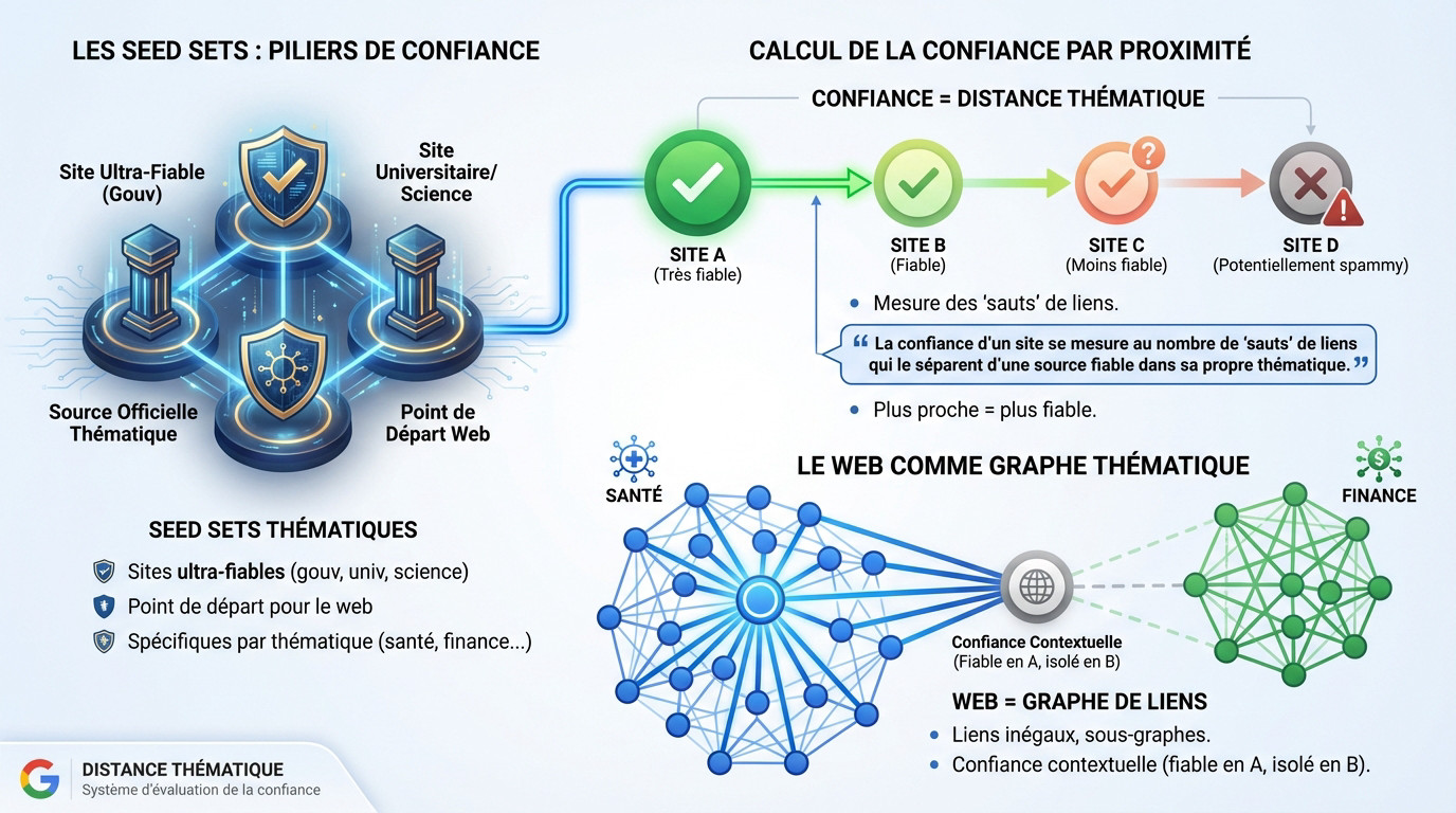 Schéma illustrant la distance thématique et l'évaluation de la confiance par Google via les seed sets