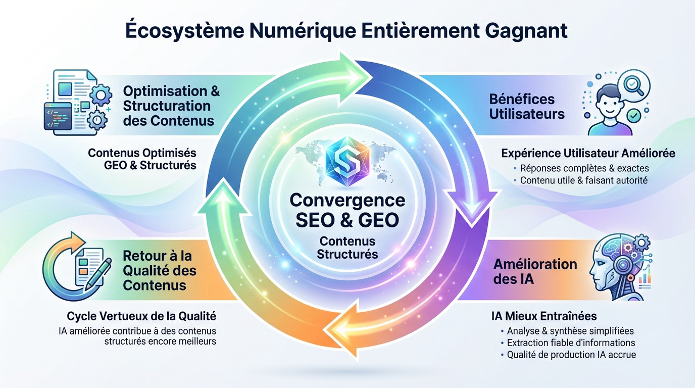 Schéma illustrant les bénéfices mutuels de la convergence SEO et GEO pour les utilisateurs et les IA