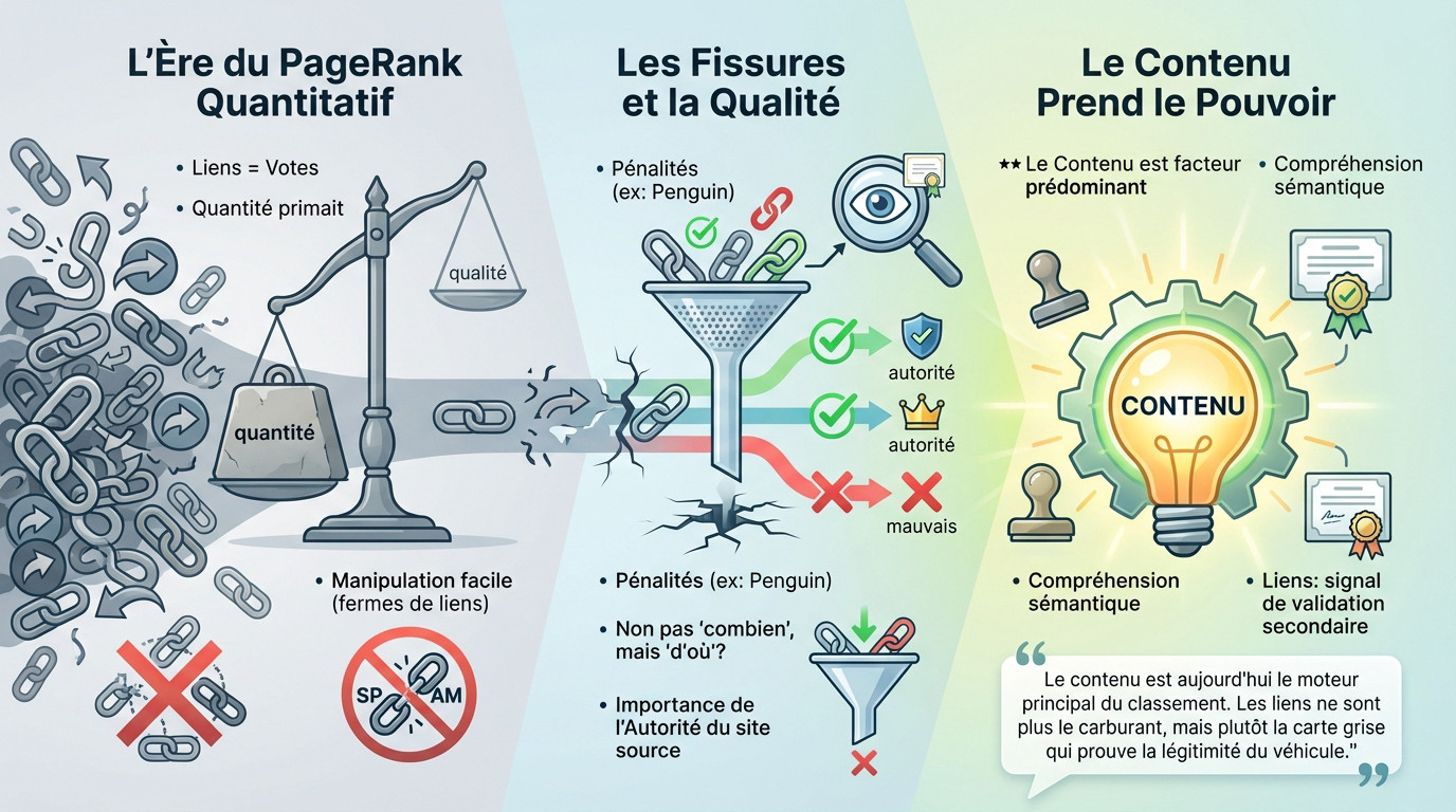 Graphique illustrant l'évolution des facteurs de classement SEO du PageRank vers le contenu et l'expérience utilisateur