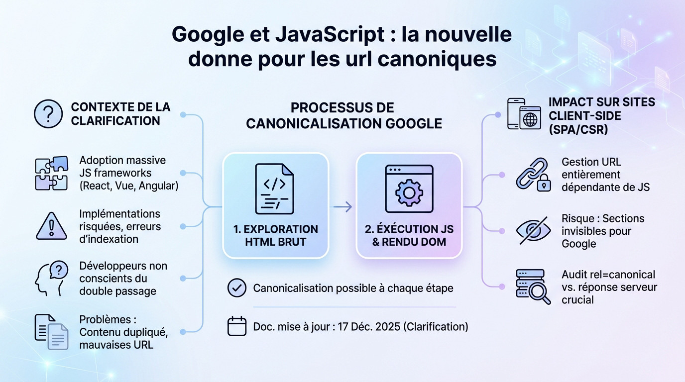 Schéma explicatif du traitement des URL canoniques par Google avant et après le rendu JavaScript