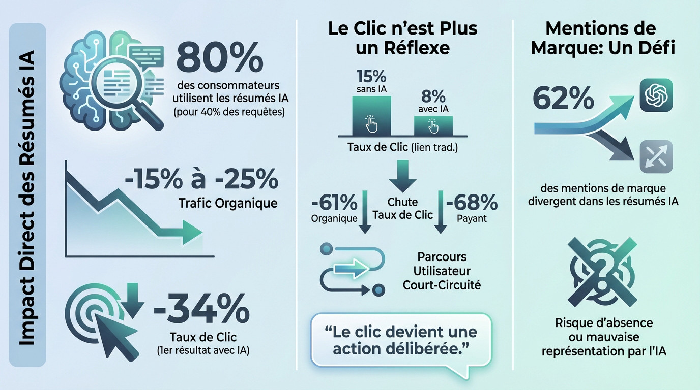 Graphique illustrant la baisse du taux de clic organique face aux résumés générés par l'IA