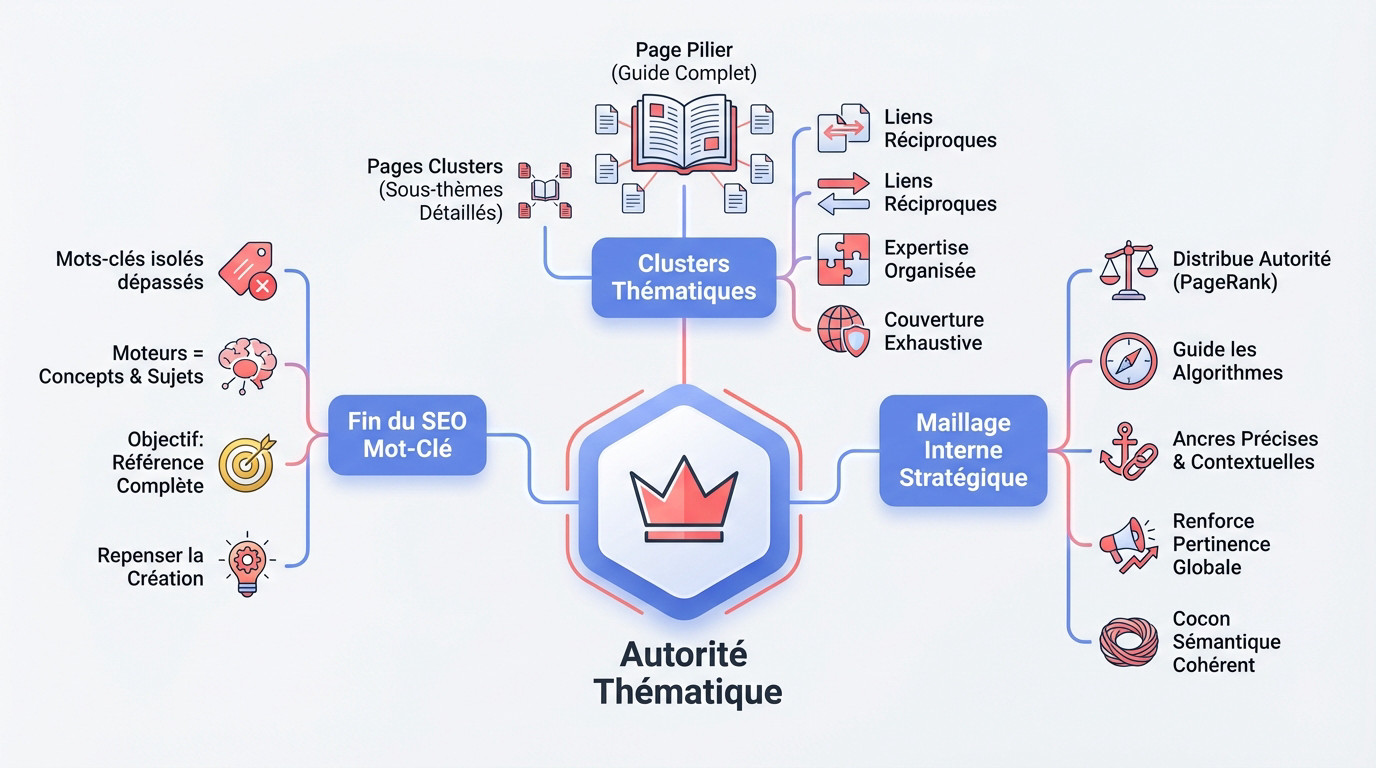 Schéma illustrant le concept d'autorité thématique et les clusters de contenu en SEO