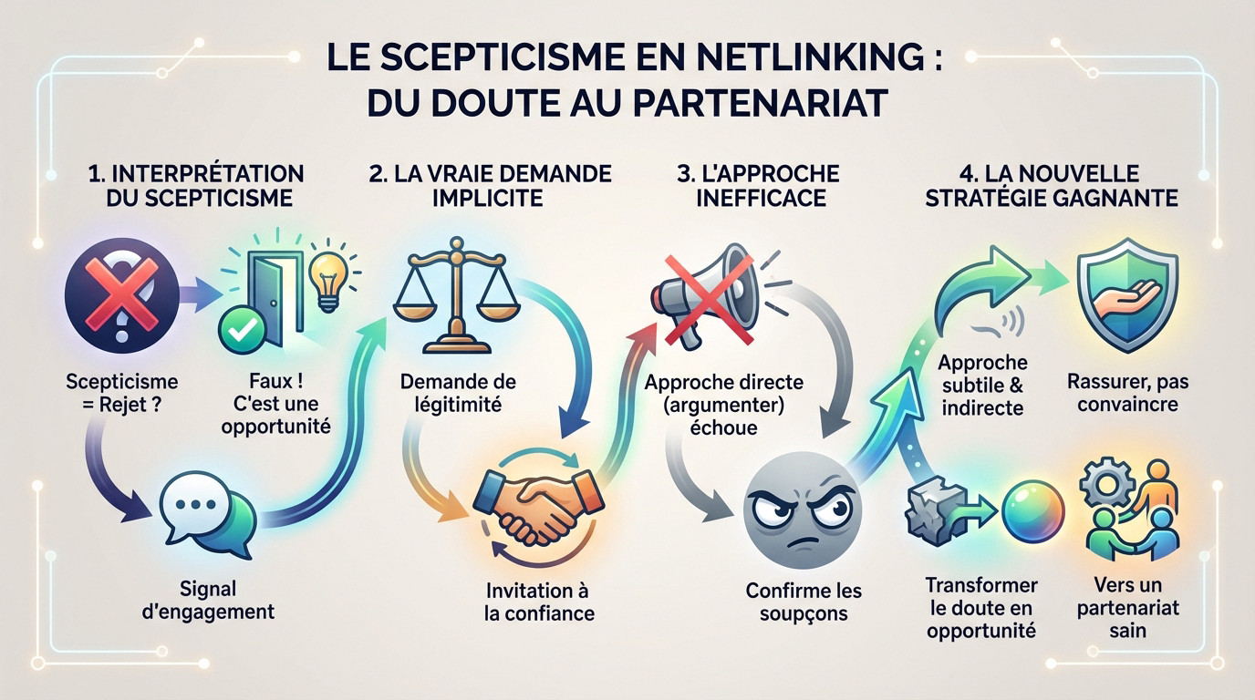 Illustration du concept de transformation du scepticisme en partenariat lors d'une campagne de netlinking