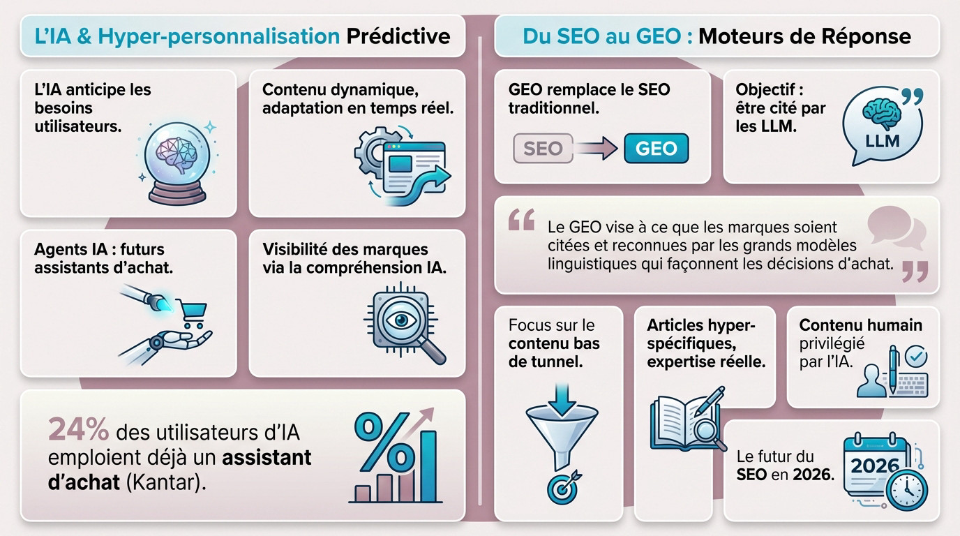 Schéma illustrant l'hyper-personnalisation prédictive par l'IA et la transition du SEO vers le GEO pour 2026
