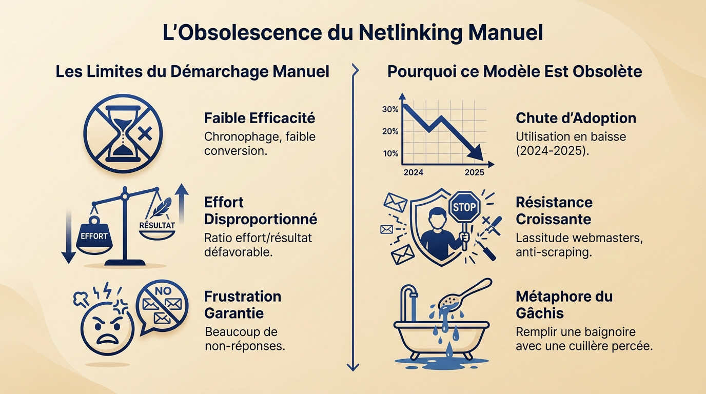 Graphique illustrant la baisse d'efficacité du démarchage manuel en SEO face aux nouvelles stratégies