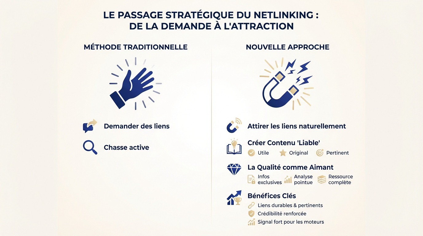 Schéma illustrant le passage du netlinking manuel vers l'attraction naturelle de liens via le contenu de qualité