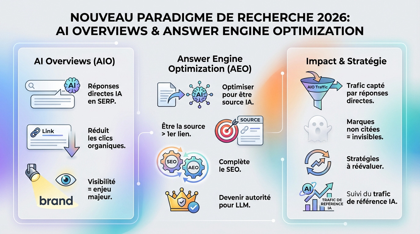 Graphique illustrant le nouveau paradigme de recherche IA en 2026 avec AEO et AI Overviews