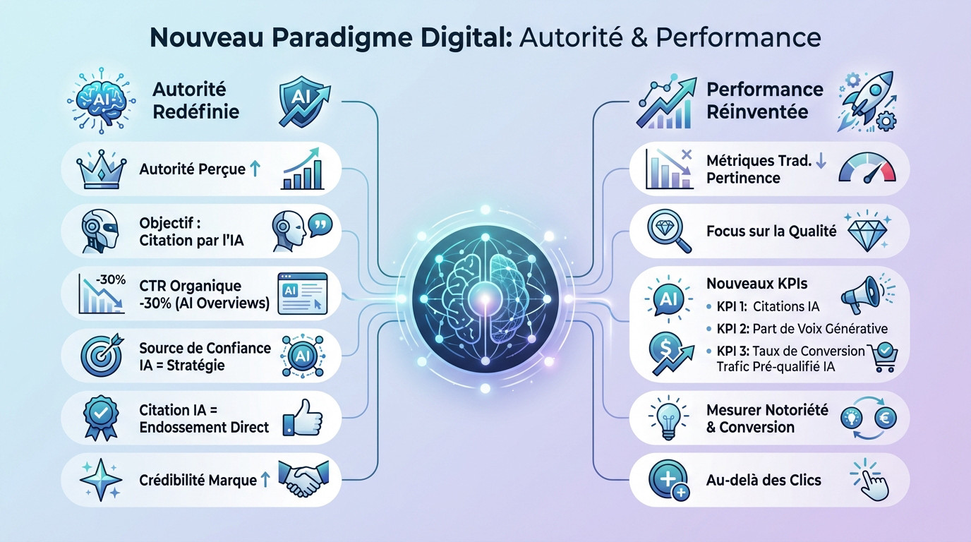 Schéma illustrant le nouveau paradigme digital liant autorité et performance entre SEO et GEO