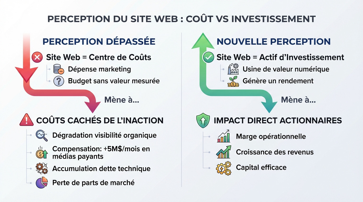 Schéma illustrant la différence de perception du site web entre centre de coûts et investissement stratégique