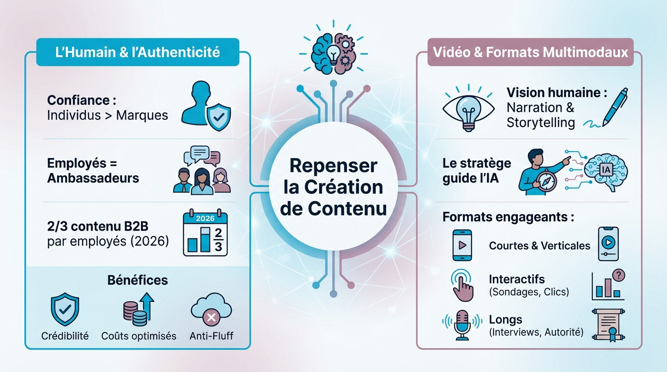 Stratégie de contenu 2026 alliant authenticité humaine et formats vidéo dynamiques