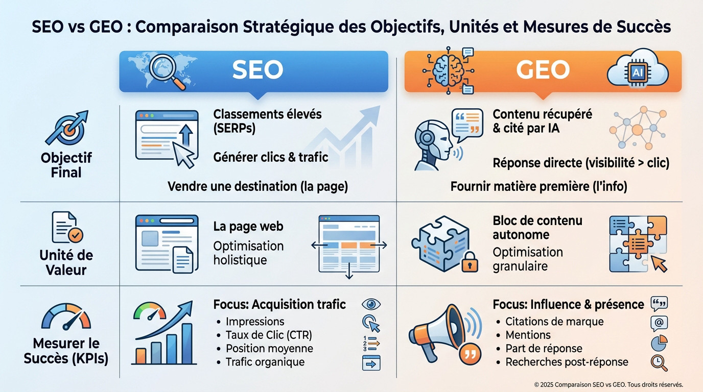 Schéma comparatif illustrant la différence d'objectifs entre le SEO et le GEO