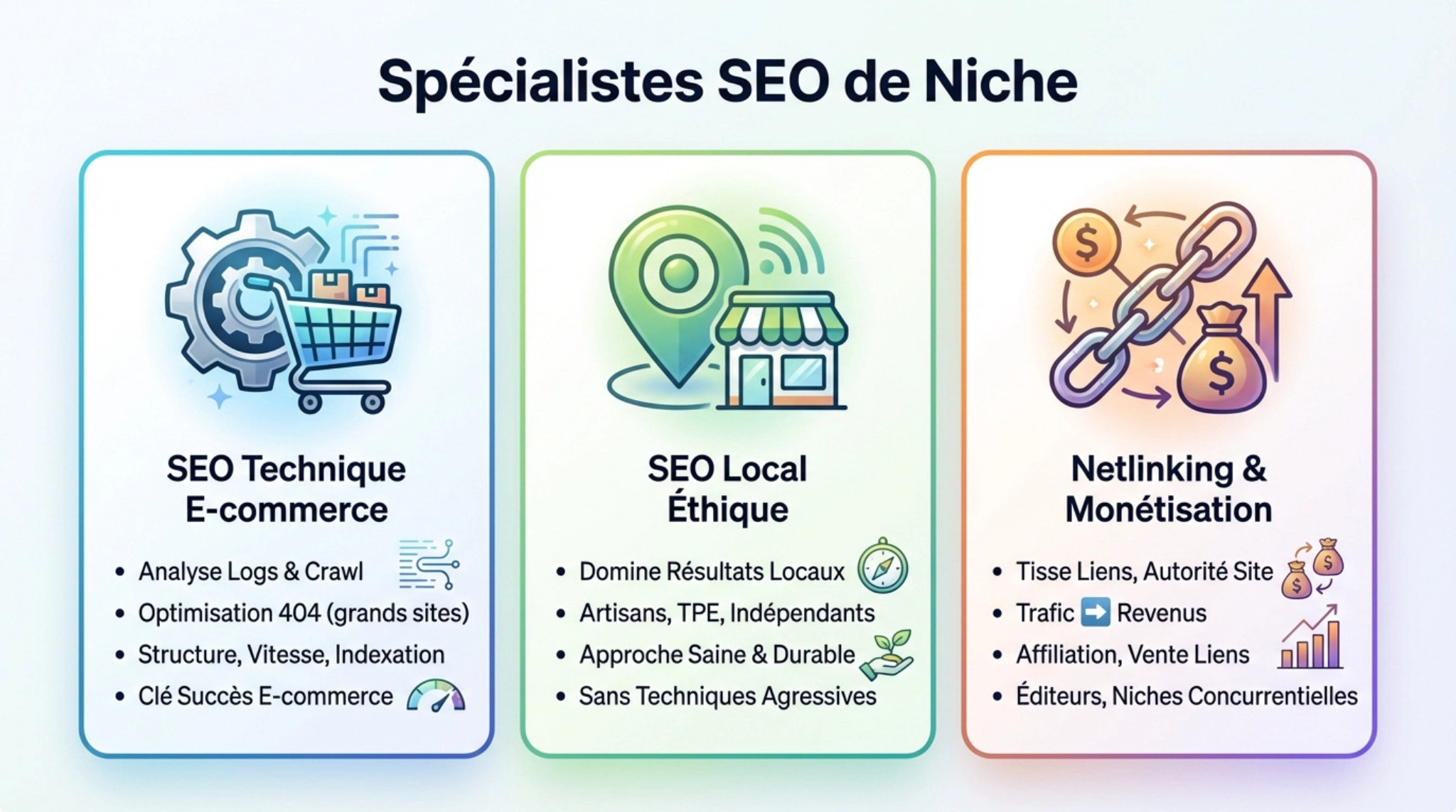 Spécialistes SEO: e-commerce, local éthique, netlinking.