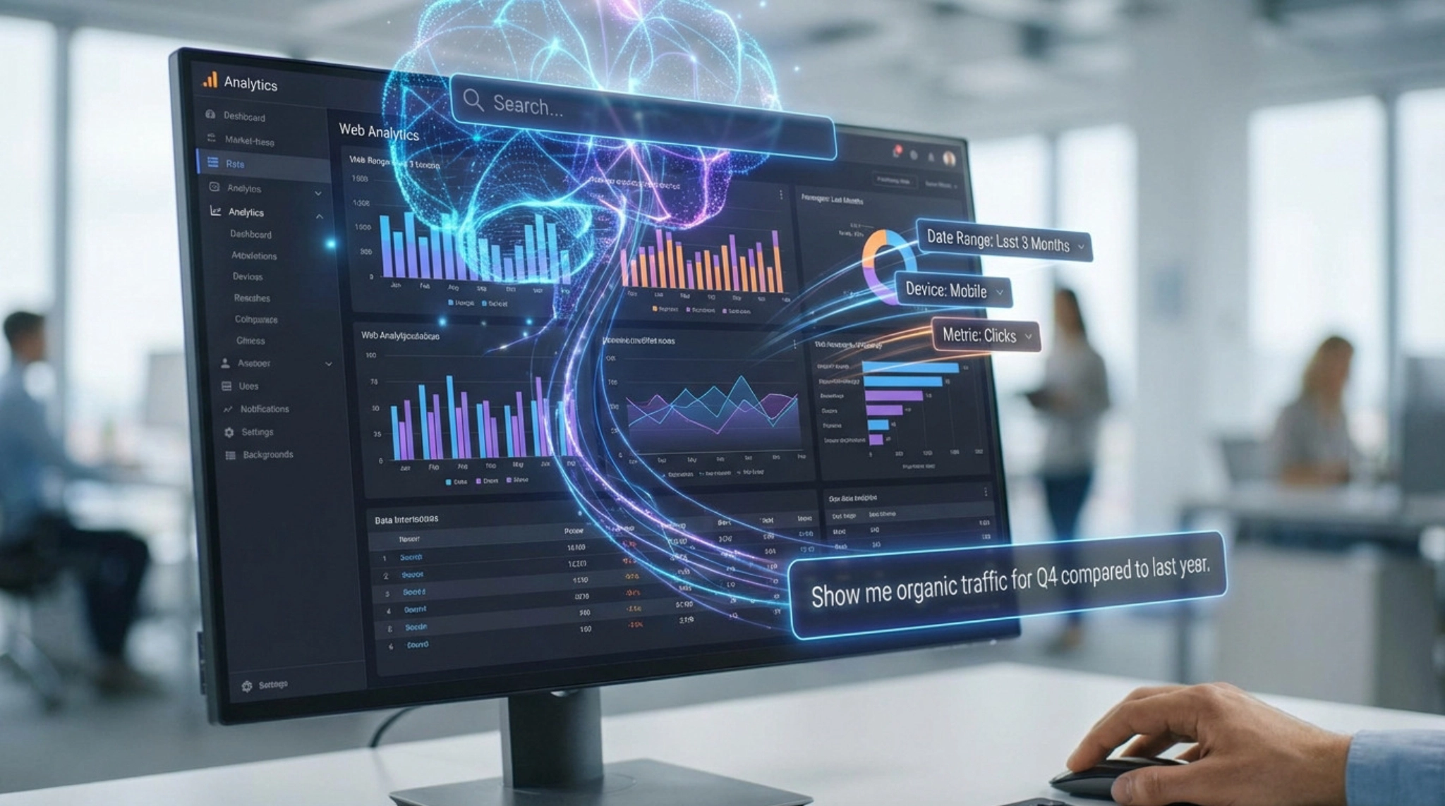 AI-powered web analytics dashboard on a monitor with glowing neural patterns, charts, and a hand interacting via natural language.