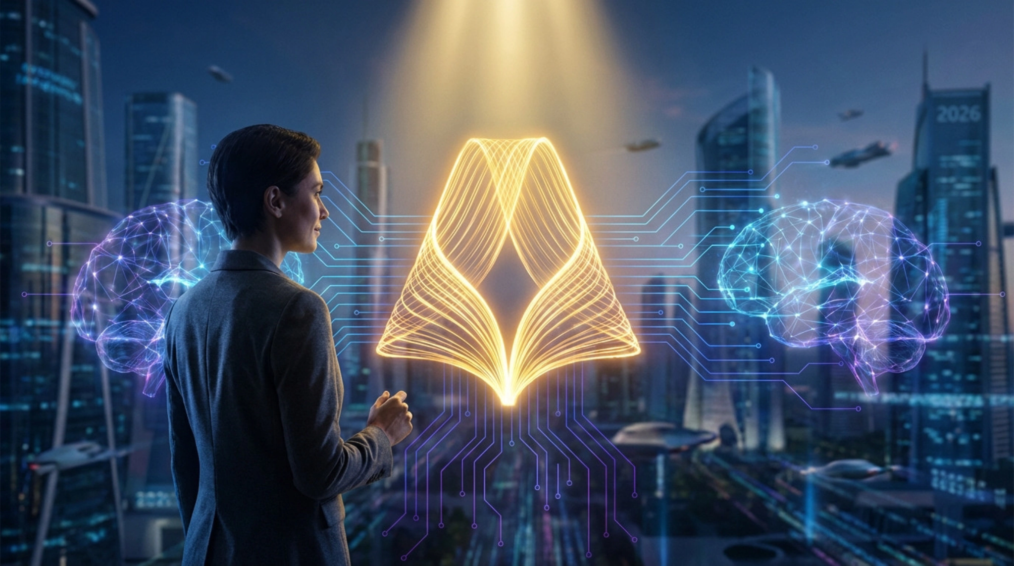 Figure observes glowing golden knowledge symbol, linked to AI brains by neural networks in a futuristic city, representing trust and data.