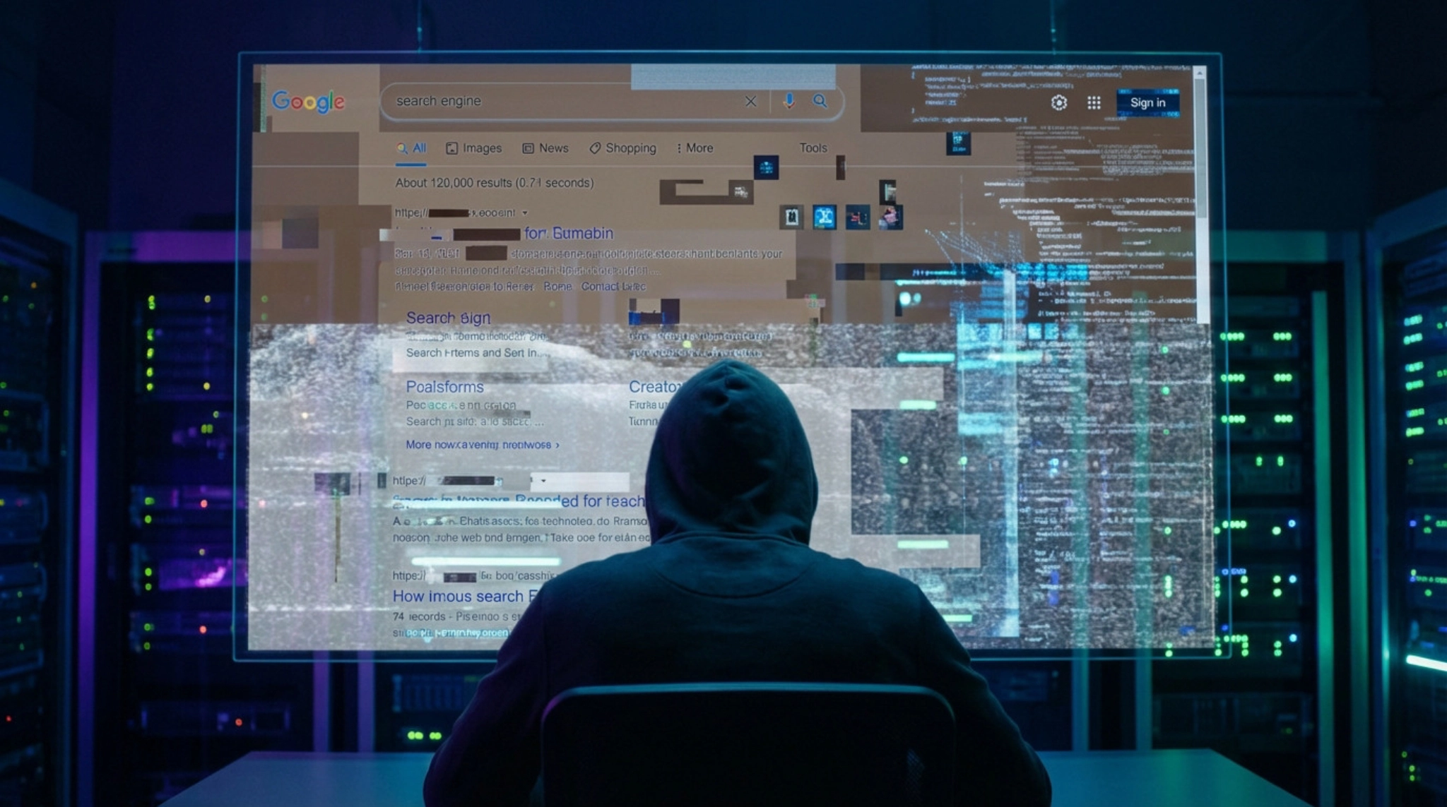 Figure views glowing screen in tech room, showing fragmented, low-quality AI search results, partially obscured by digital static.