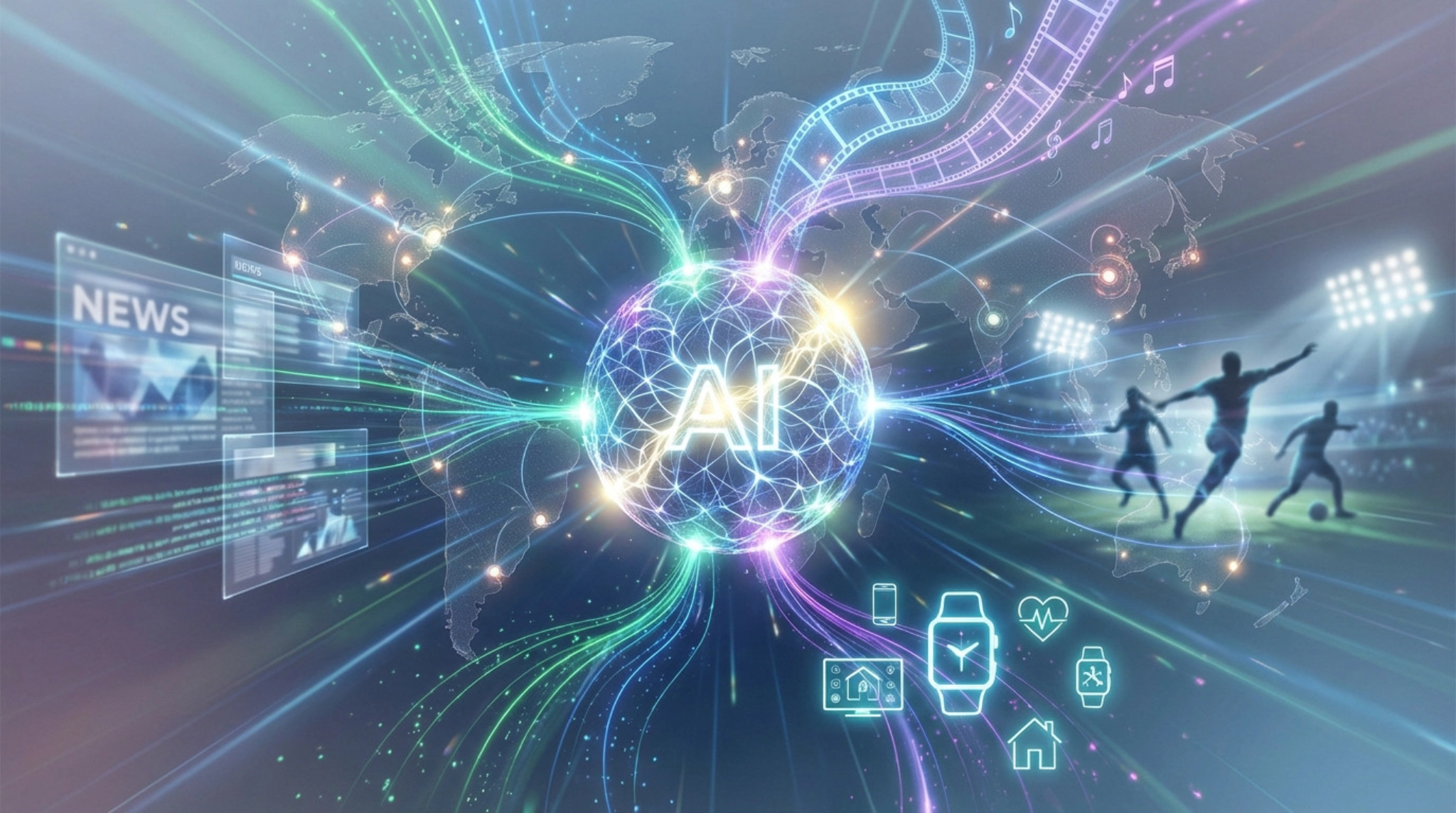 Illustration futuriste de l'intelligence artificielle et médias.