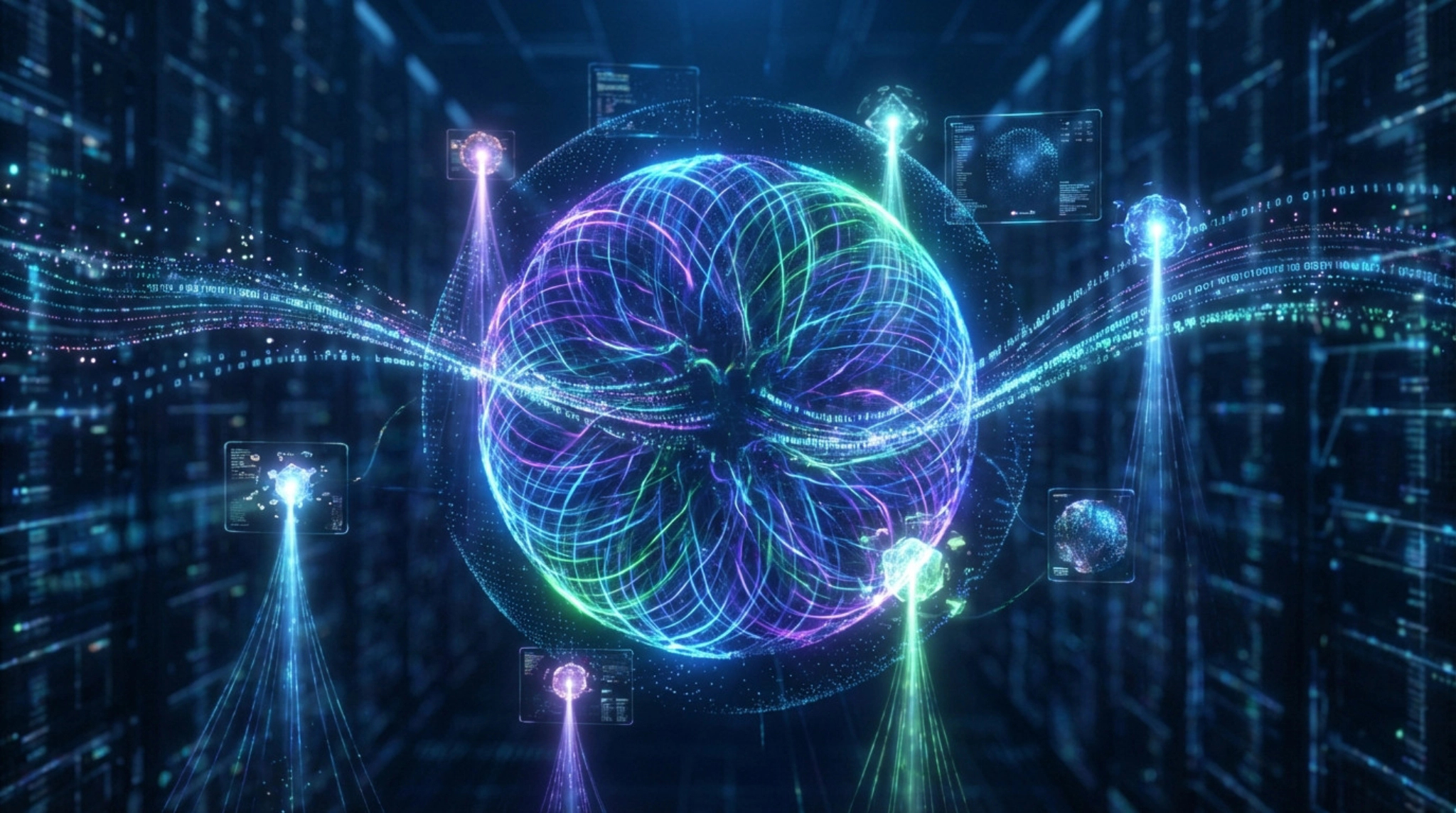 A vibrant, cinematic image of an AI core: a glowing blue, purple, and green sphere with luminous data streams connecting to digital nodes in a futuristic environment.