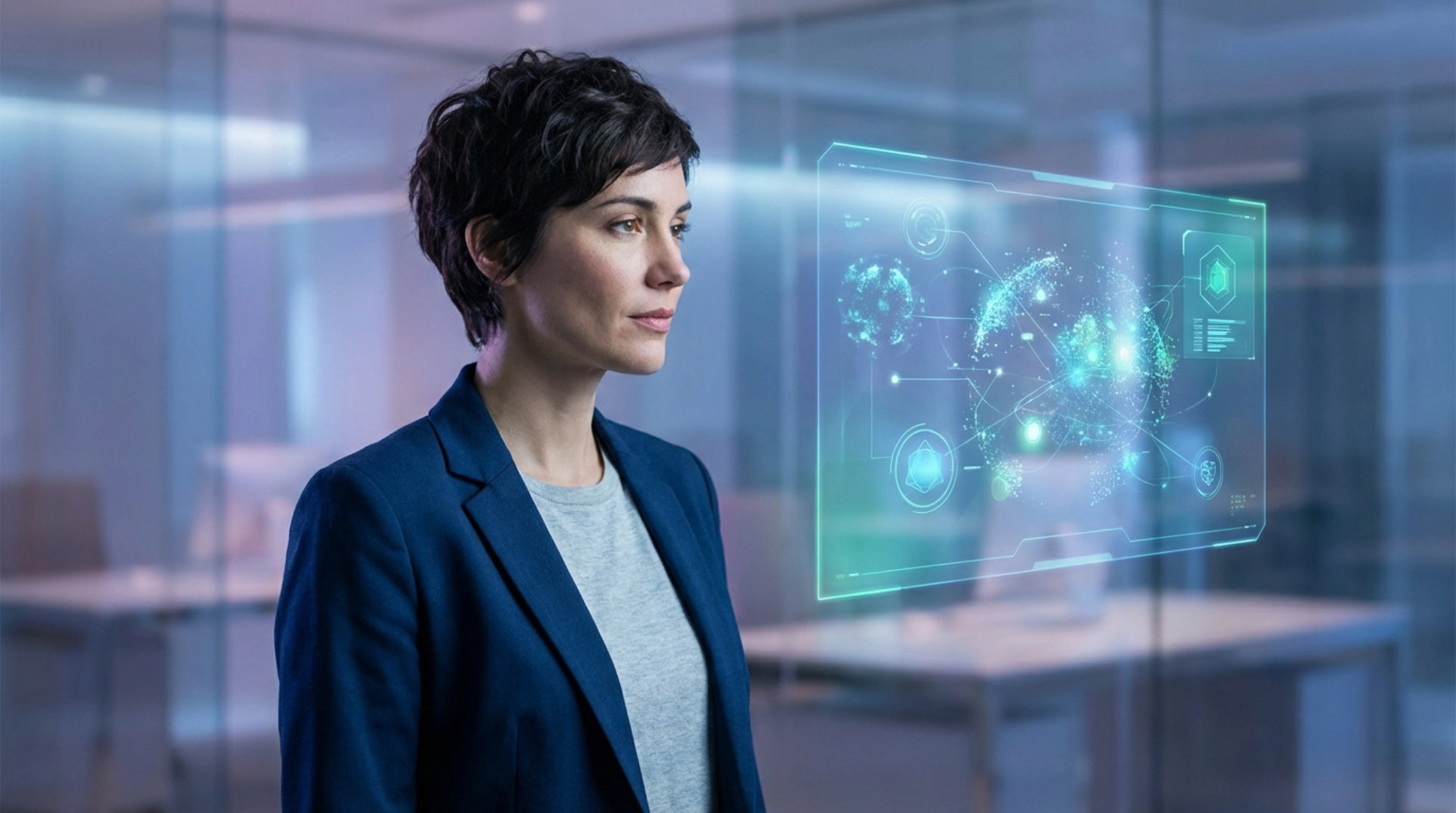 Professional woman in a blue blazer observes a glowing holographic AI interface with complex data in a futuristic office.