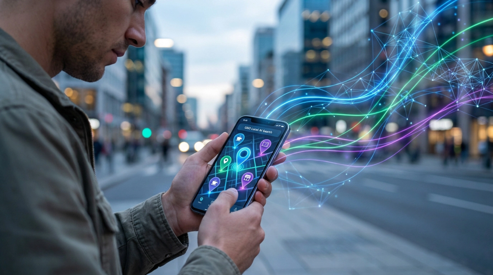 Person uses smartphone with AI-powered local map displaying glowing pins and business icons. Luminous digital lines connect to a blurred city.