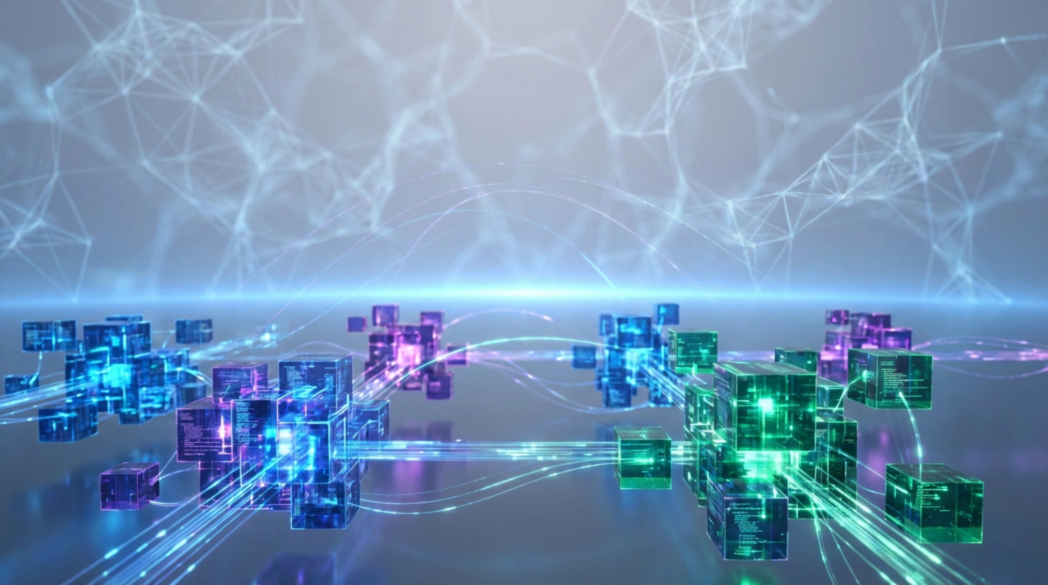 Luminous blue, purple, and green data blocks interconnected by light trails in a futuristic digital environment, symbolizing AI data processing.