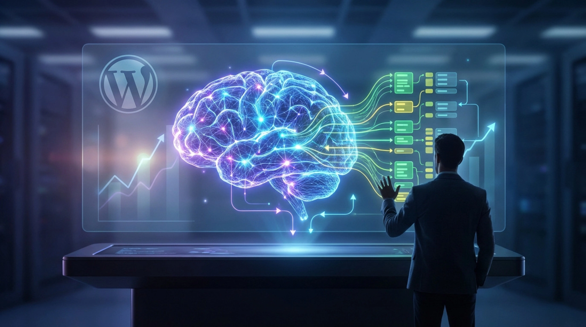 A person interacts with a holographic display showing a glowing AI brain connected to data streams, optimizing WordPress SEO with graphs.