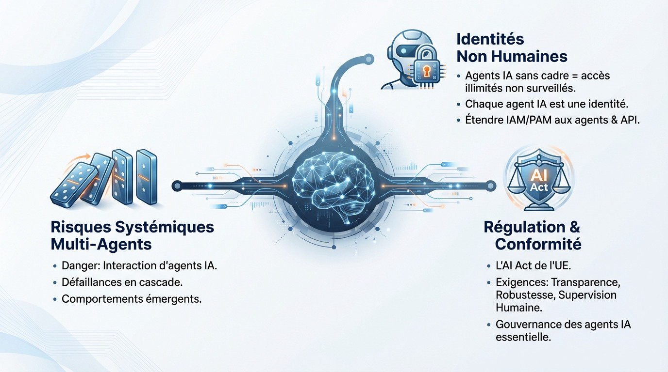 Schéma illustrant les angles morts de sécurité liés aux agents IA et les risques de défaillances en cascade
