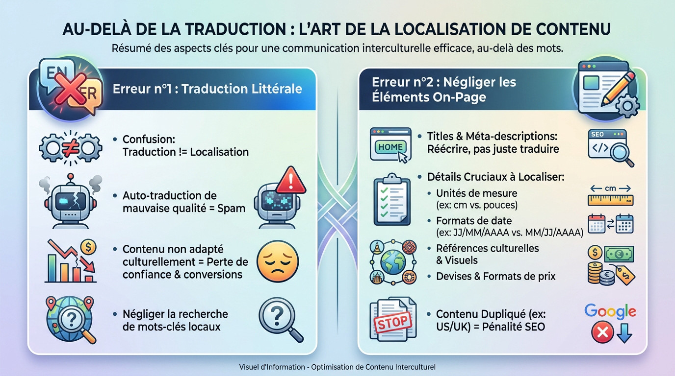 Schéma illustrant la différence entre traduction littérale et localisation culturelle en SEO