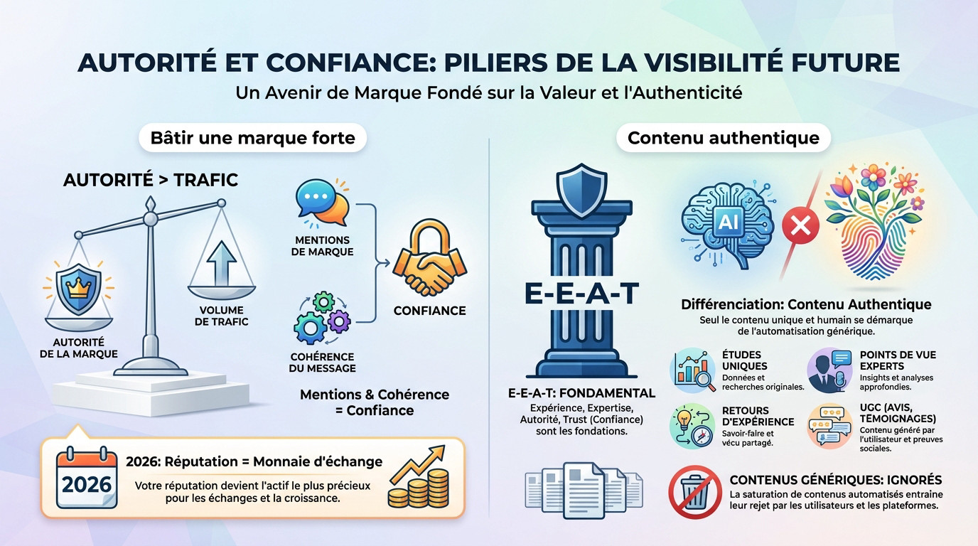 Illustration de l'autorité de marque et de la confiance comme piliers du SEO en 2026