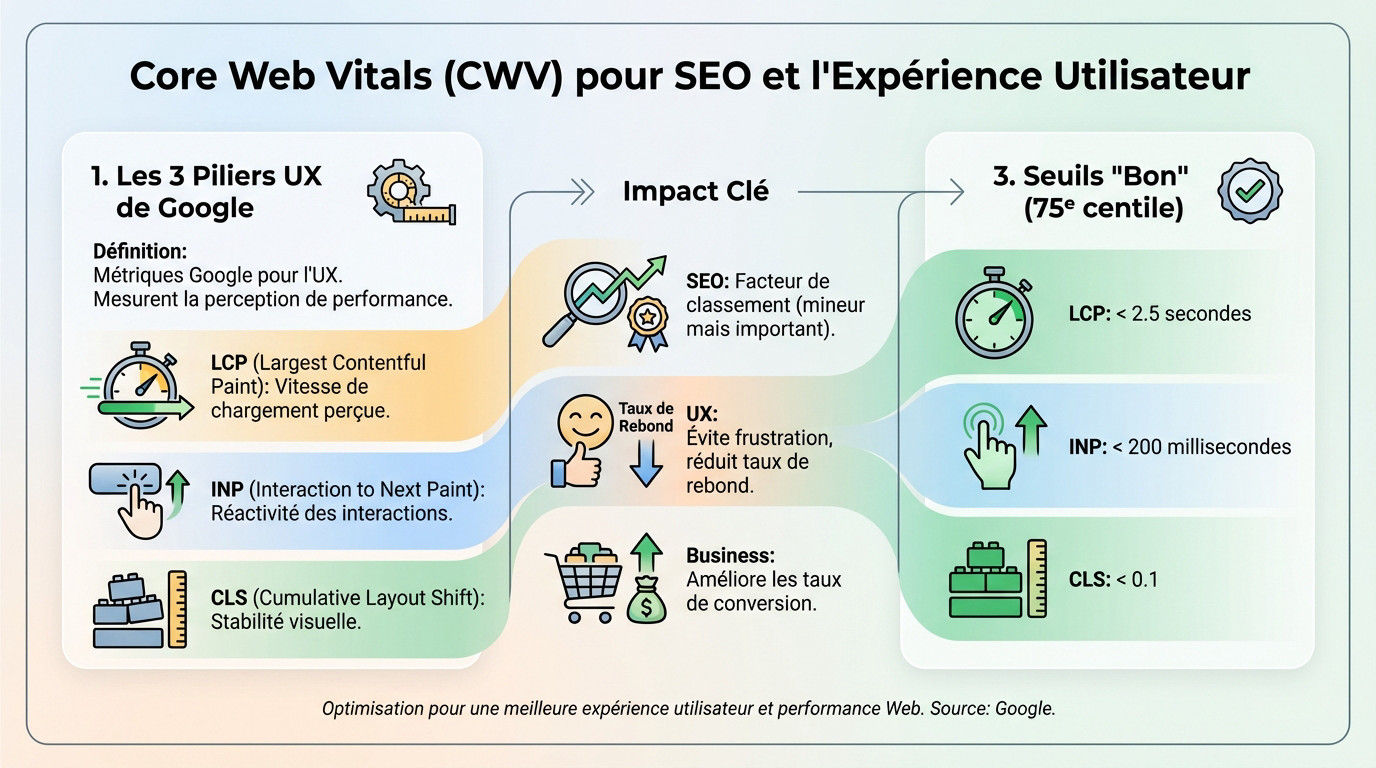 Schéma explicatif des métriques Core Web Vitals : LCP, INP et CLS