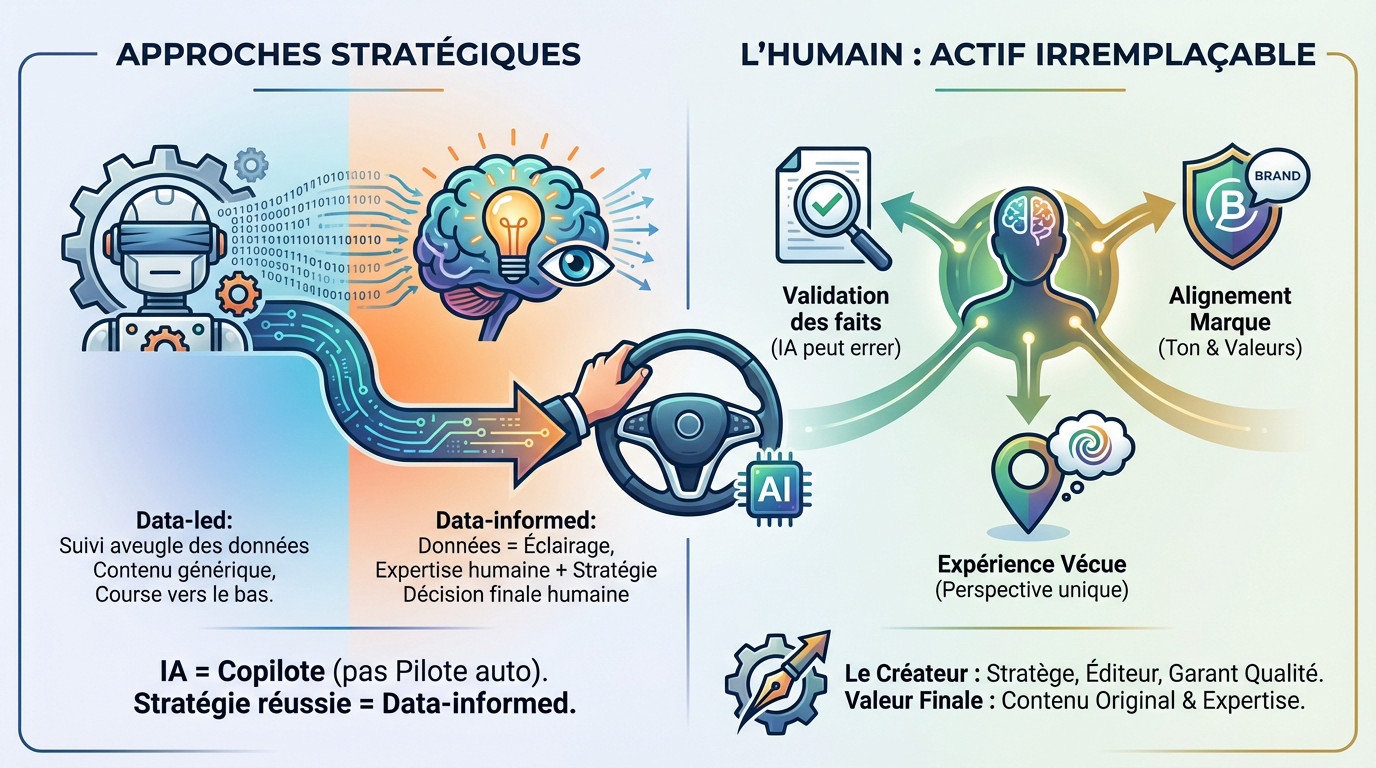 Schéma comparatif entre une approche data-led et data-informed valorisant l'expertise humaine