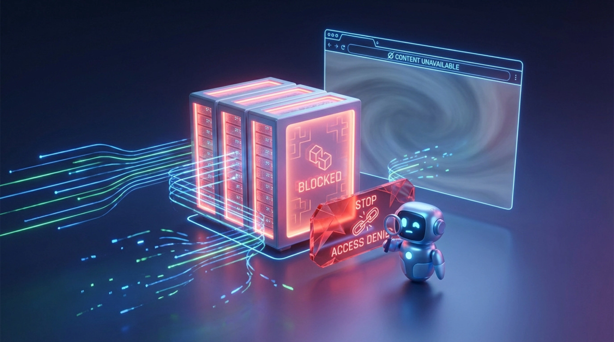 Stylized image of a web crawler robot blocked by a red 'ACCESS DENIED' barrier from a glowing server. Data flows are interrupted, and a browser shows 'CONTENT UNAVAILABLE'.