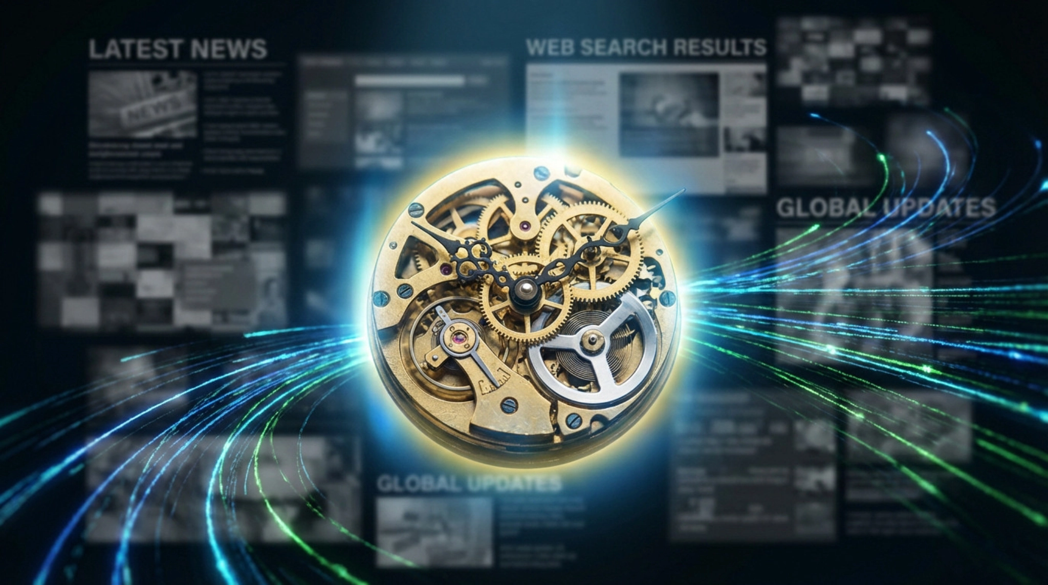 A brightly lit, intricate vintage clock mechanism is central, surrounded by blurred digital news and web content. Blue and green data streams converge on it, symbolizing focused digital insight and expertise.