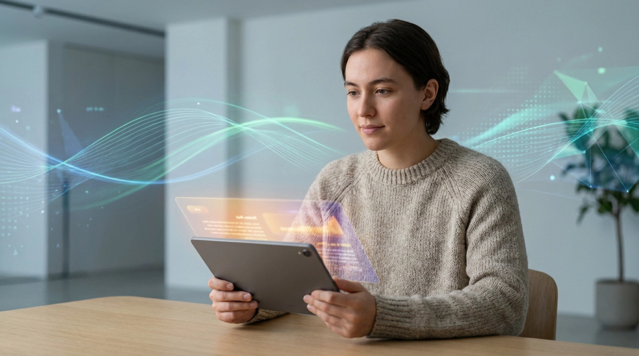 Personne utilisant une tablette avec graphismes virtuels.